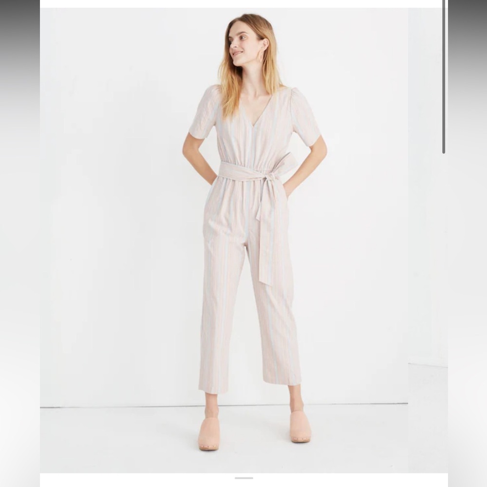 Madewell Women's Striped Puff-Sleeve Tapered Jumpsuit Blue/Pink‎ Size 2